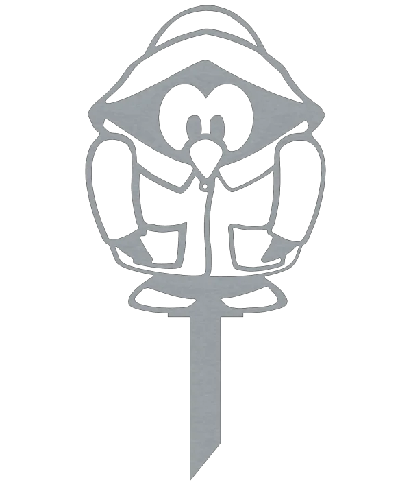 Laser-cut steel garden stake depicting a penguin wearing a sou'wester hat. The design includes detailed cutouts for the penguin’s face and body, with a central pole for easy garden placement. Displayed on a black background to emphasize its whimsical design.